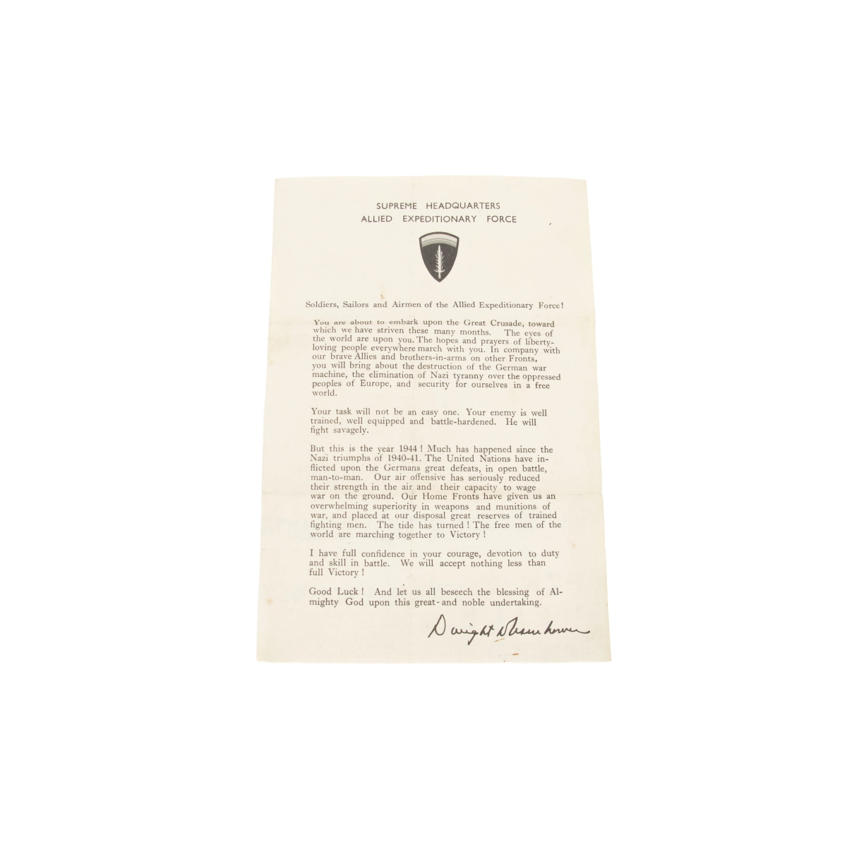 Message Général Dwight D Eisenhower